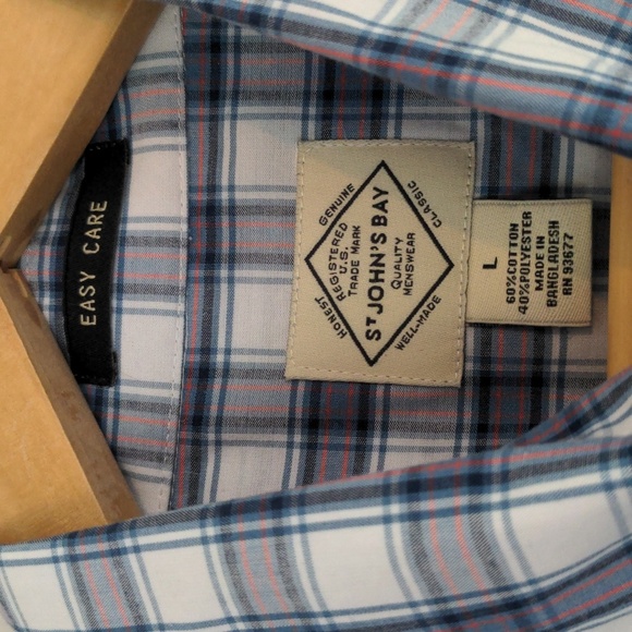 St John's Bay Shirt Men's Large Button Down Short Sleeve Plaid White Blue Preppy - Picture 4 of 8